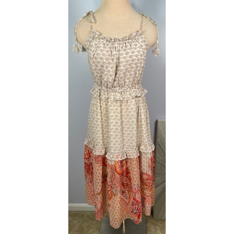 NWT MISA Los Angeles Floral Paisley Dionica Ruffle Trim Tiered Midi Dress Sz M