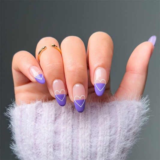 Purple Heart Winter False Nail Short Almond Press on Nails for Nails Art 24pcs