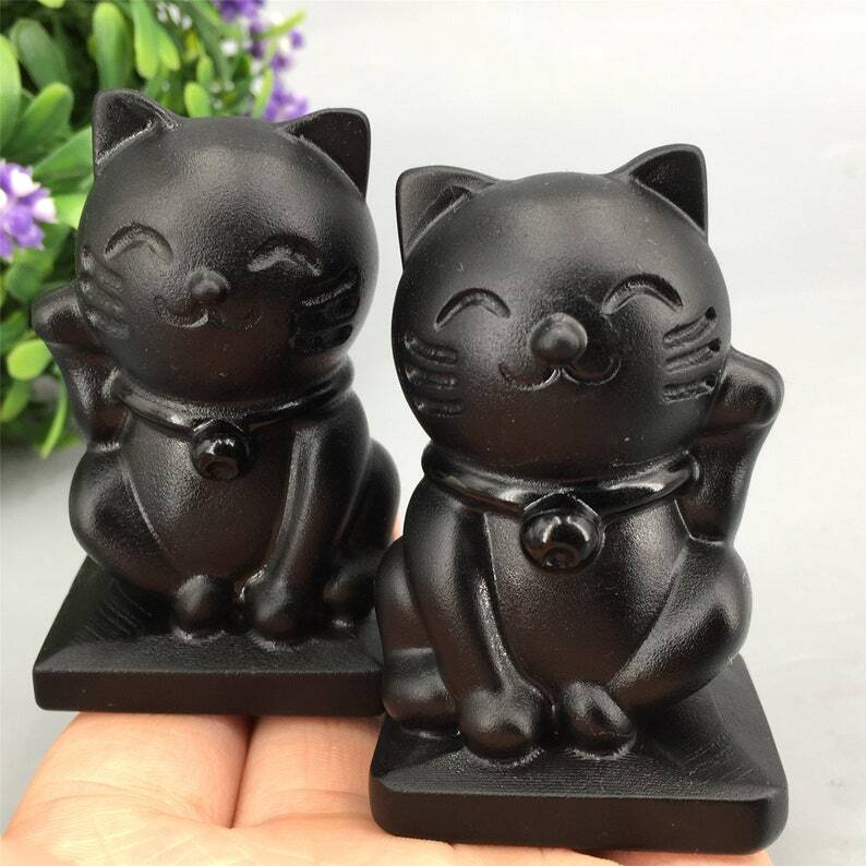 1pc Natural Obsidian Quartz Crystal Cat Hand Carved Animal Decoration Reiki Heal
