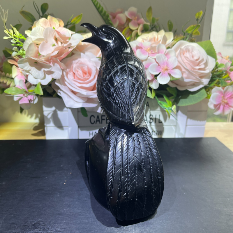 3.2LB 7" Natural Black Obsidian Crow Raven Skull Quartz Crystal Bird Carving