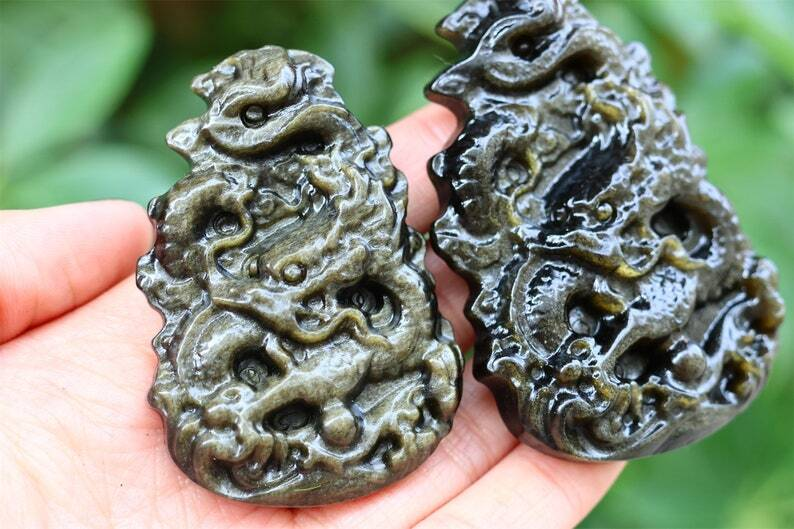 2.3" Natural Carved Gold Obsidian Dragon Reiki Crystal Skull Decor gift 1PC