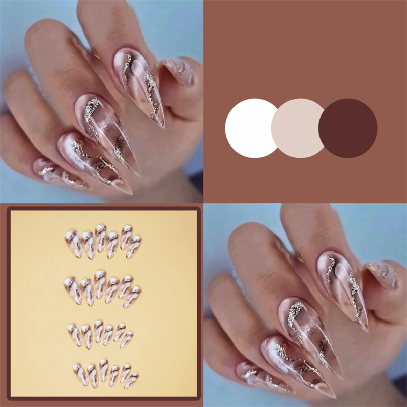 Almond Short False Nail Blooming Gold Glitter Press on Nails for Nail Art 24pcs