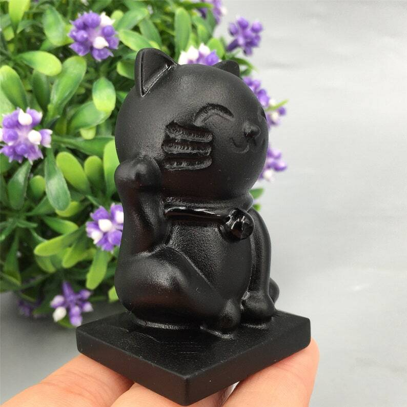 1pc Natural Obsidian Quartz Crystal Cat Hand Carved Animal Decoration Reiki Heal