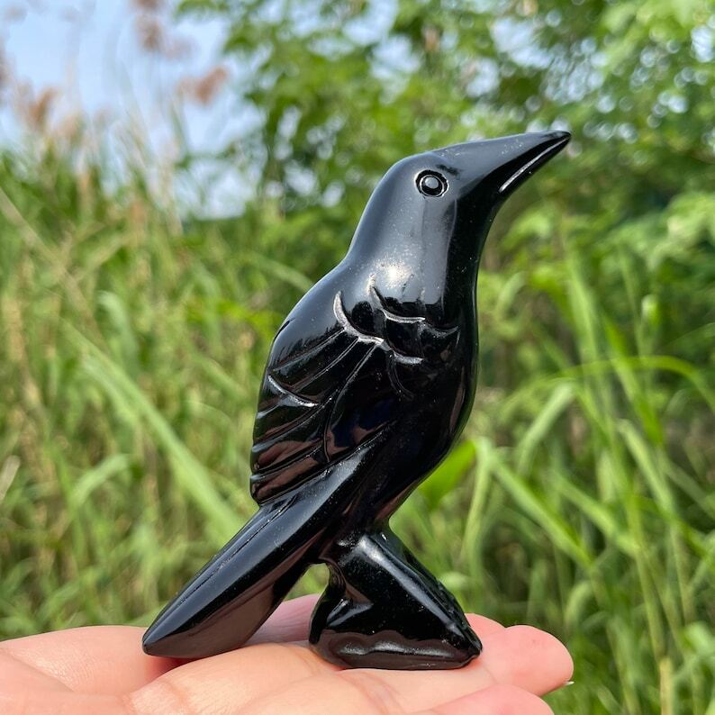 Natural Obsidian Crow Hand Carved Bird Crystal Animal Decoration Reiki Heal Gift