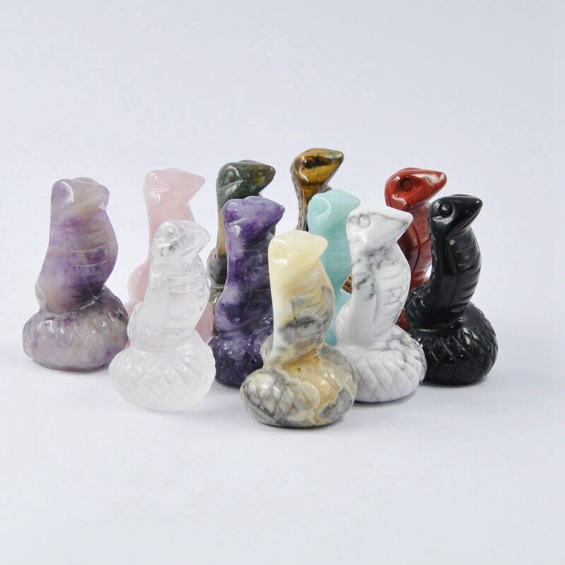 Natural Quartz Crystal Skull Carved Snake Healing Stone Viper Cobra Animal Decor