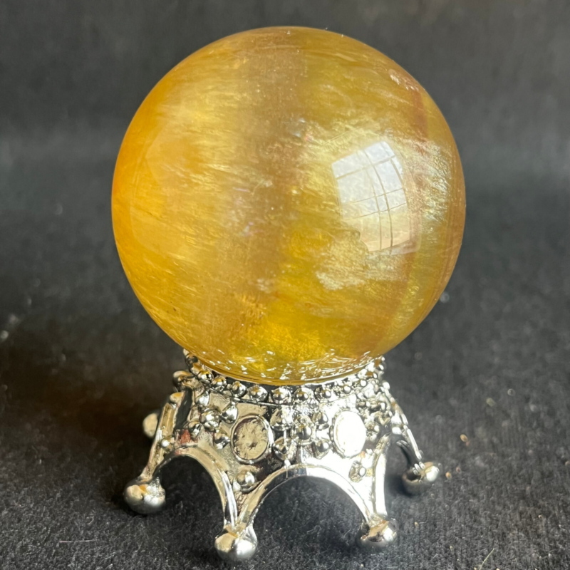 209G  Natural yellow fluorite quartz crystal ball sphere healing+stand
