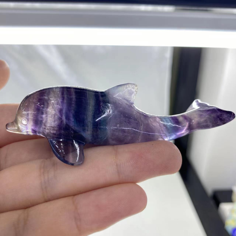 1PC Natural Fluorite Quartz Carved Crystal dolphin Skull Healing Reiki Gem Gift