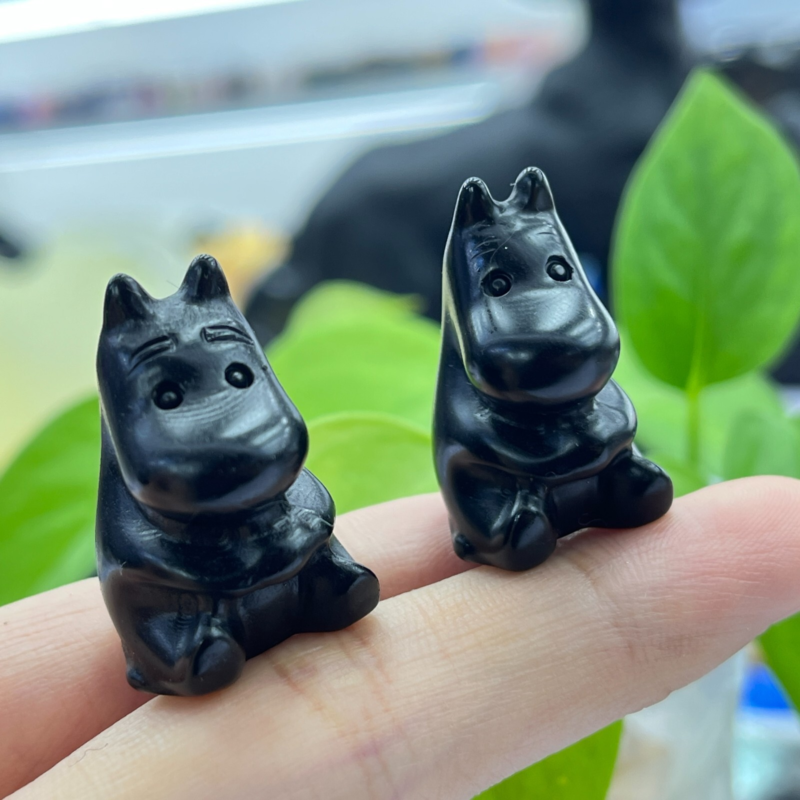 2pc Natural obsidian mini hippo carved quartz crystal animal skull reiki gift