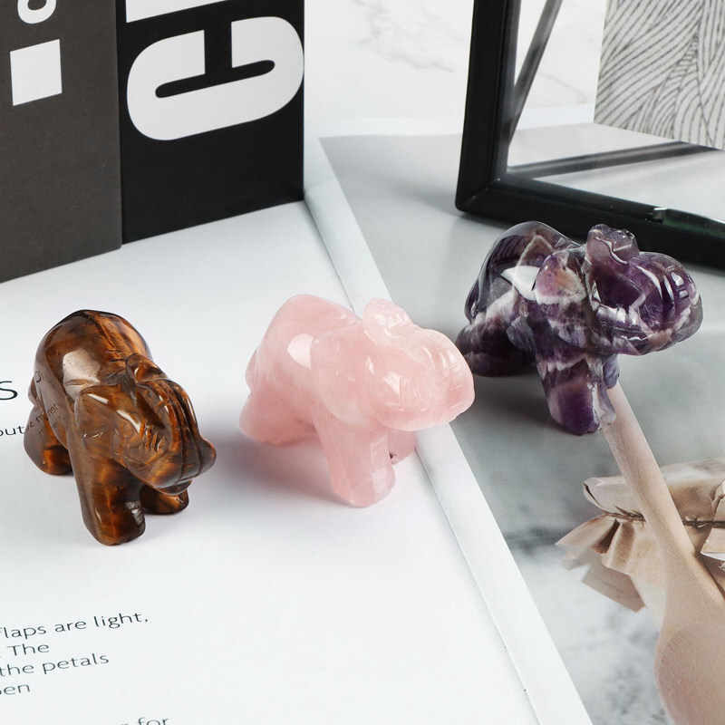 Natural Quartz Crystal Skull Carved Elephant Healing Gemstone Animal Sculpture