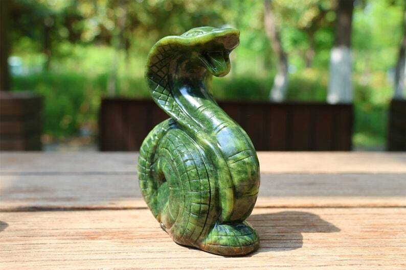 5.4" Natural Jade Carved Snake Crystal Skull Home Decor Reiki Figurine gift 1PC