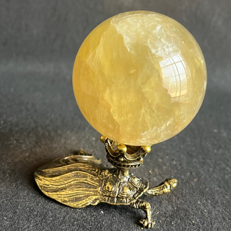 269G  Natural yellow fluorite quartz crystal ball sphere healing+stand