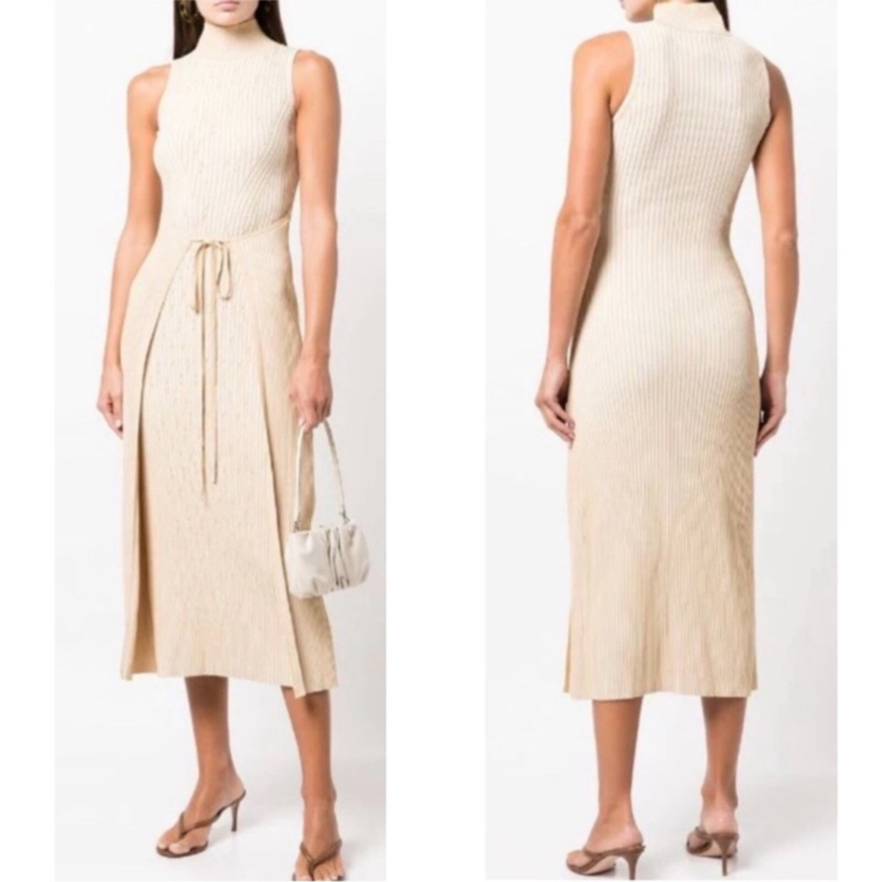 NWT Cult Gaia Knitted Liora Front Wrap Midi Dress in Off White Sand Size Large