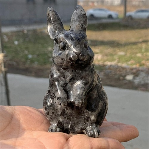 290g Natural Carved Spectrolite Rabbit Figurines Reiki Quartz Crystal Skull Deco