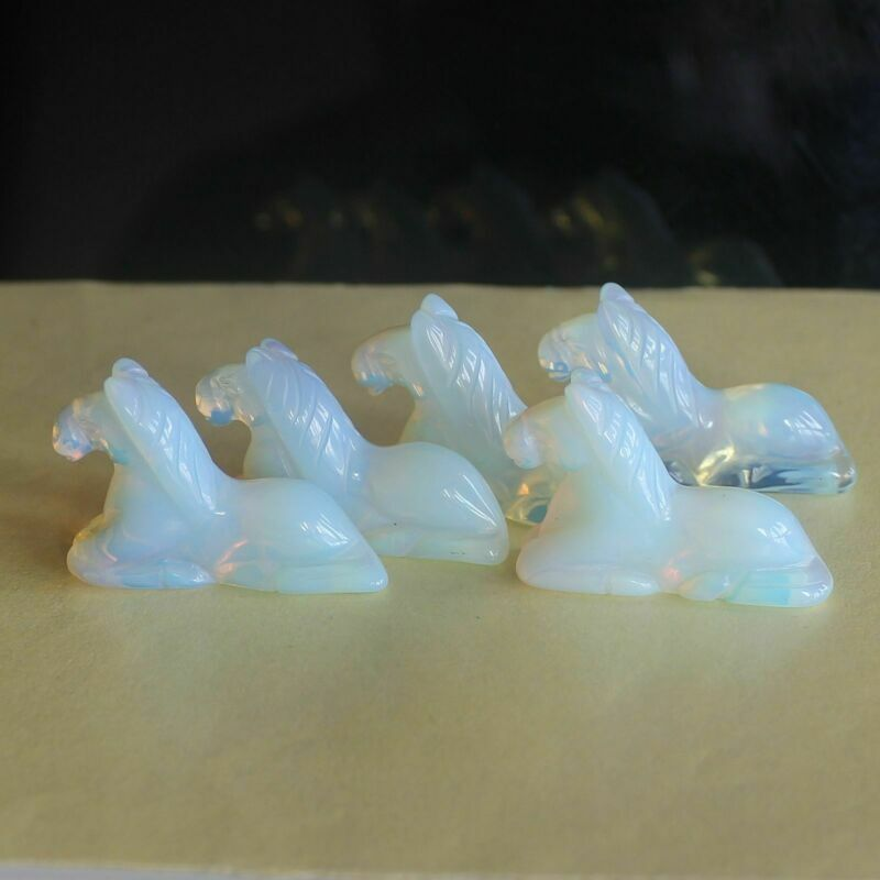 5pc Carved gemstone crystal opalite black obsidian horse figurine animal carving