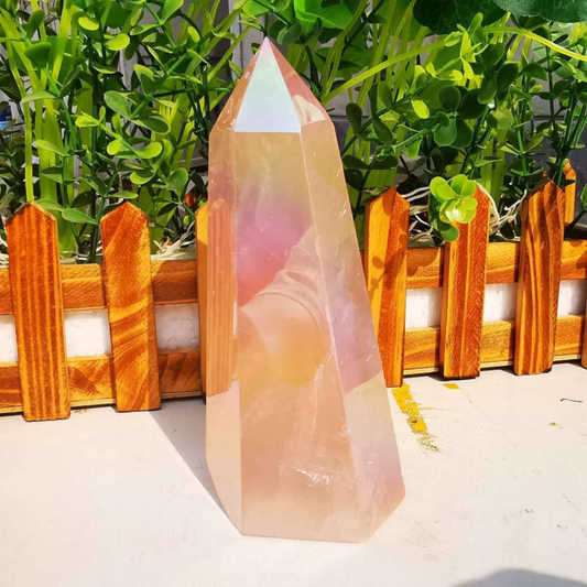 535g electroplated natural pink rose quartz obelisk rainbow crystal point reiki