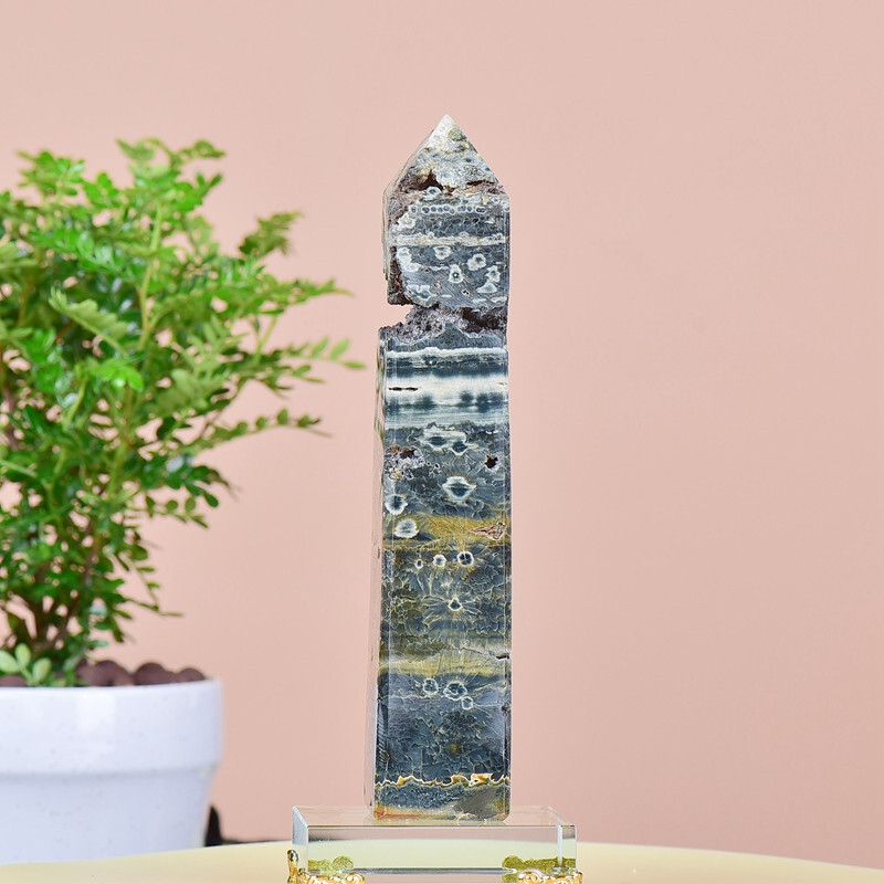 2.27LB  Natuar Ocean Jasper Crystal Obelisk Point Wand Stone Quartz Healing