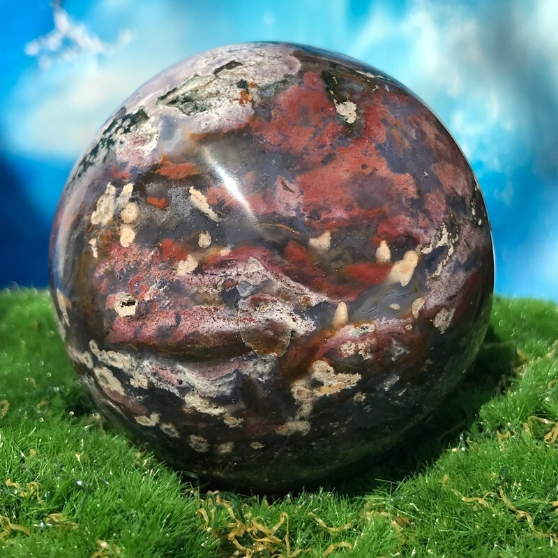 373GNatural Marine Jasper Quartz Ball Crystal Ball Mineral Specimen Restoration