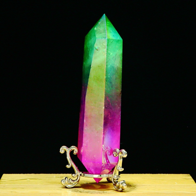 214g Natural Crystal Electroplated Rainbow Quartz Tower Double Wand Point Reiki