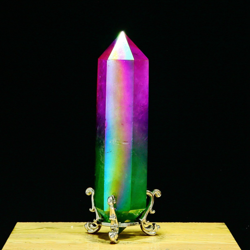 254g Natural Crystal Electroplated Rainbow Quartz Tower Double Wand Point Reiki