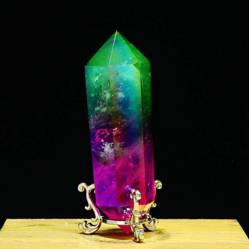 233g Natural Crystal Electroplated Rainbow Quartz Tower Double Wand Point Reiki