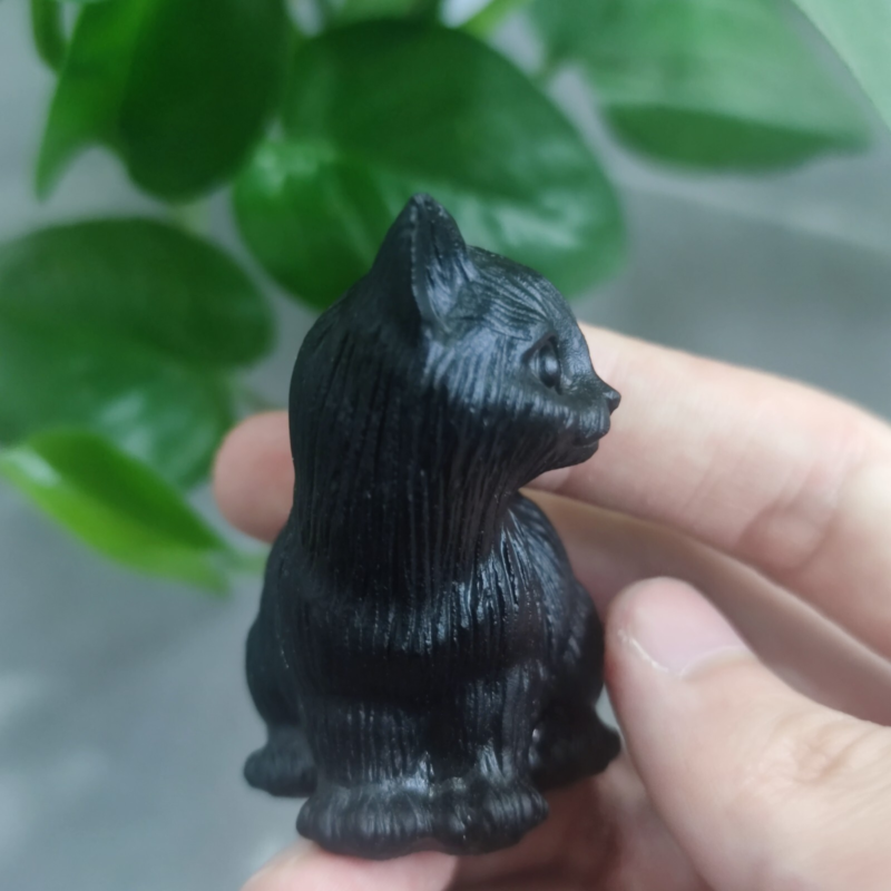 2.2'' Natural Crystal Cat Obsidian Hand Carving Animal Cat Figurine Sculpture