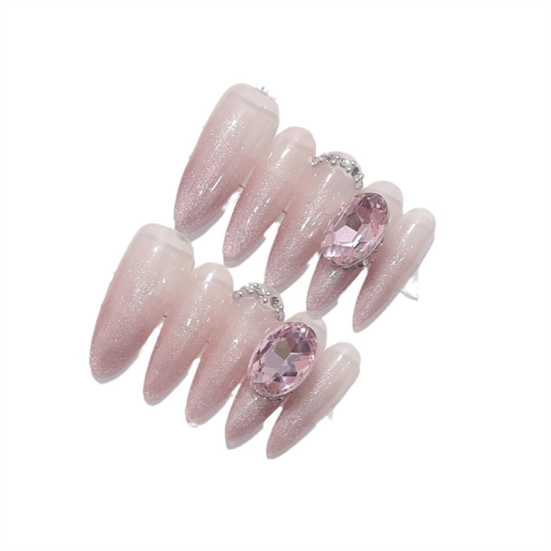 10PCS Handmade Fake Nail Glitter Pink Diamond Almond Press on Nails for Nail Art