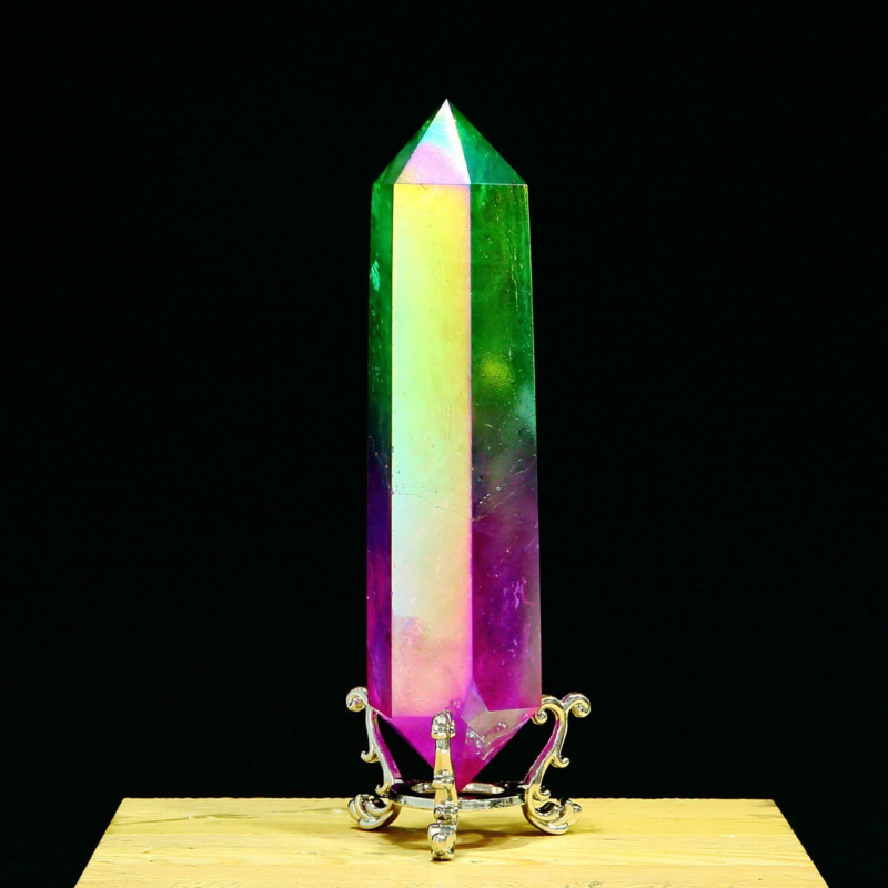 296g Natural Crystal Electroplated Rainbow Quartz Tower Double Wand Point Reiki