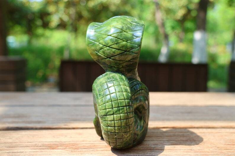 5.4" Natural Jade Carved Snake Crystal Skull Home Decor Reiki Figurine gift 1PC