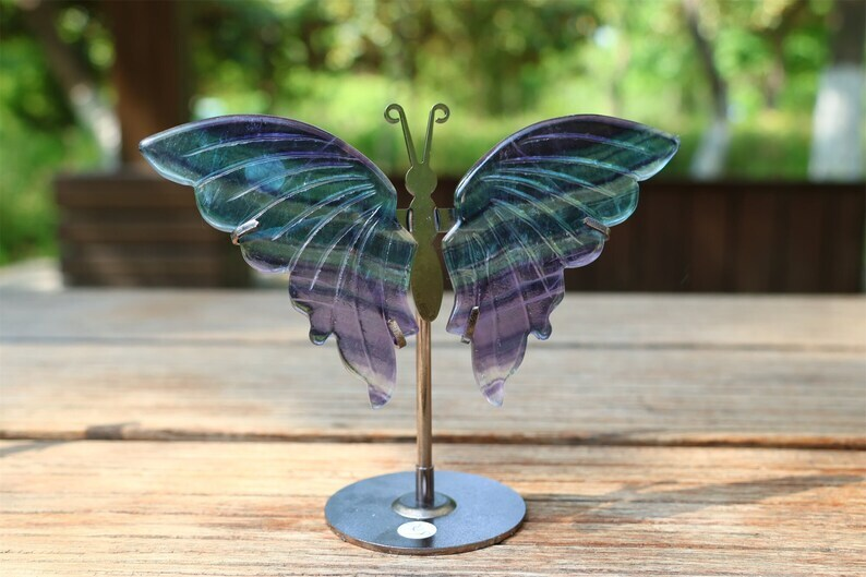 5.2'' A pair Natural Fluorite Butterfly Wing Reiki Crystal Skull Decor + Stand