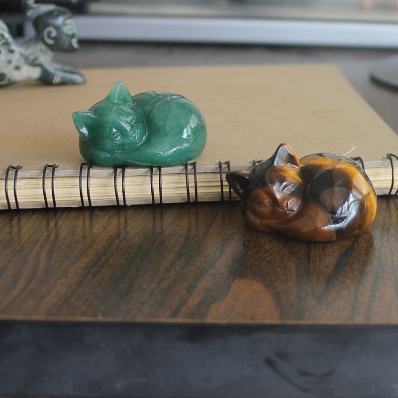 Carved crystal gemstone crystal sleeping cat figurine animal statue decor 2''