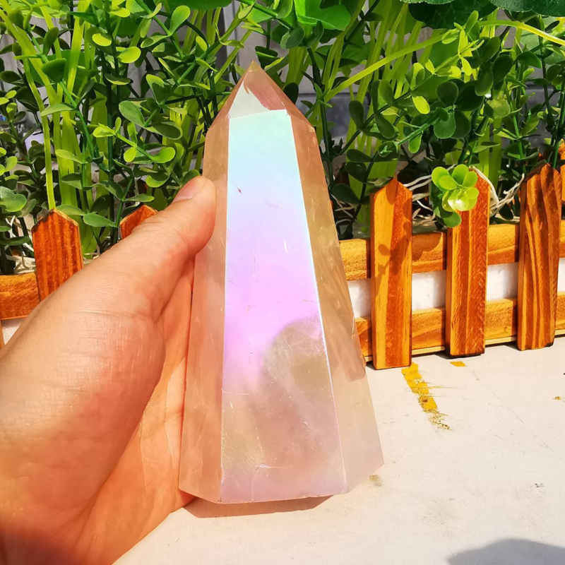 535g electroplated natural pink rose quartz obelisk rainbow crystal point reiki