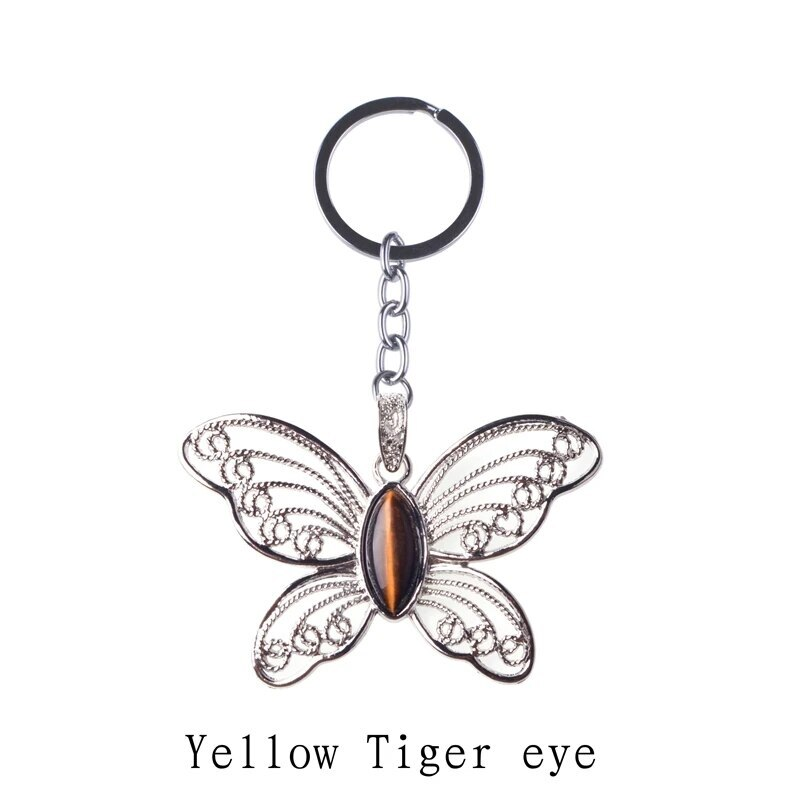 Healing Natural Stone Stainless Steel Butterfly Pendant Keychain for Women Men