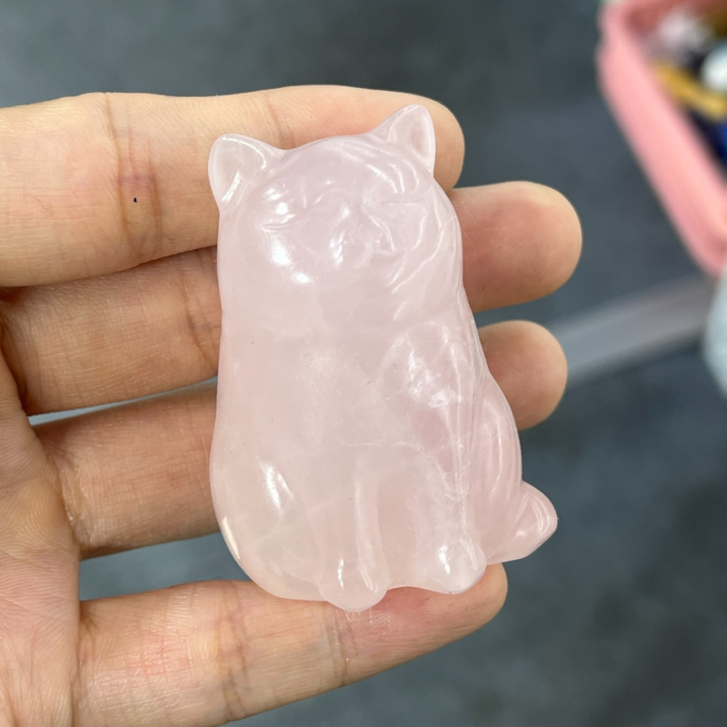 1pc Natural pink rose quartz crystal fat cat skull animal random Reiki 2"