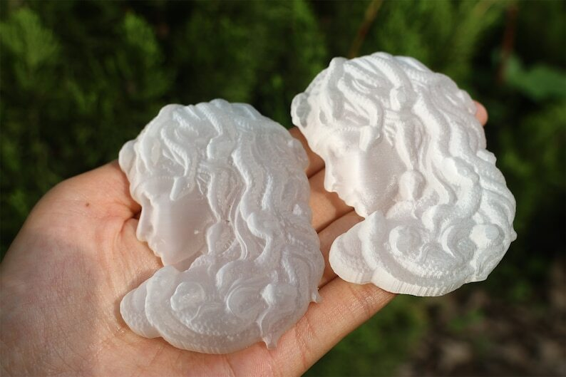 3" Carved Natural Selenite Medusa Reiki Crystal Skull Crystal gift Home Decor 1x