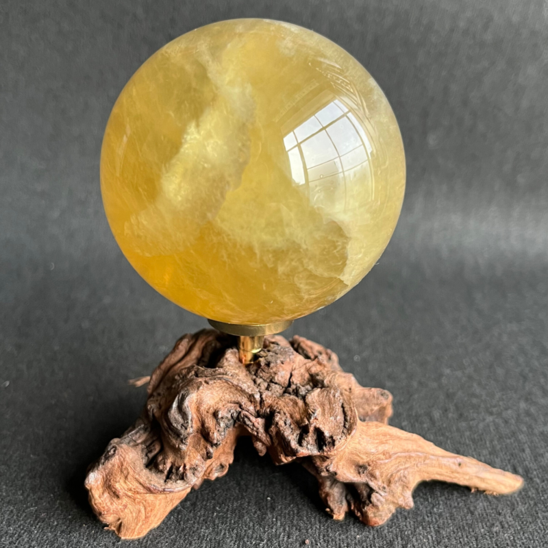 299G  Natural yellow fluorite quartz crystal ball sphere healing + Stand