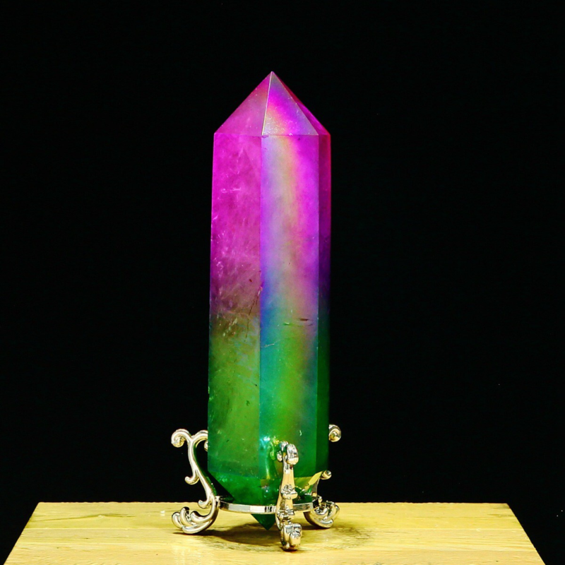 254g Natural Crystal Electroplated Rainbow Quartz Tower Double Wand Point Reiki