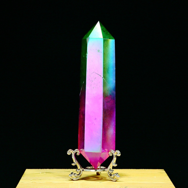 296g Natural Crystal Electroplated Rainbow Quartz Tower Double Wand Point Reiki