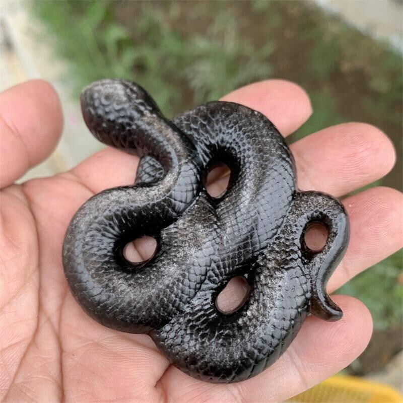 Natural Silver Obsidian Snake Carved Polished Animal Gemstone Mineral
