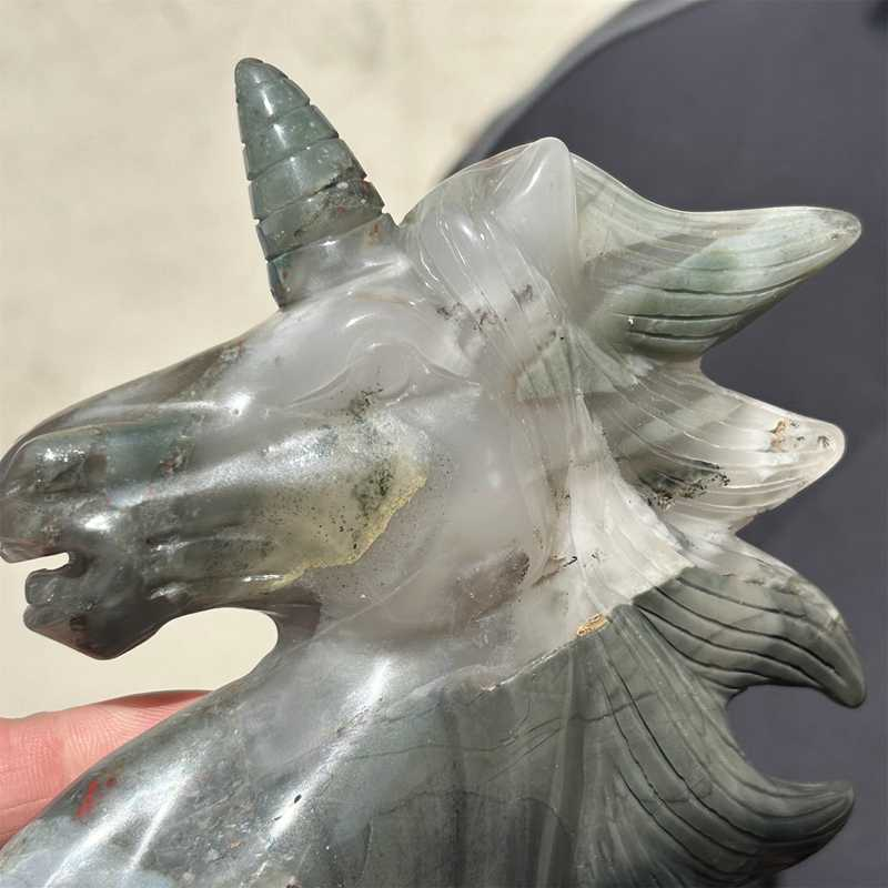 0.48kg Natural Blood stone unicorn skull carved Quartz Crystal skull Healing