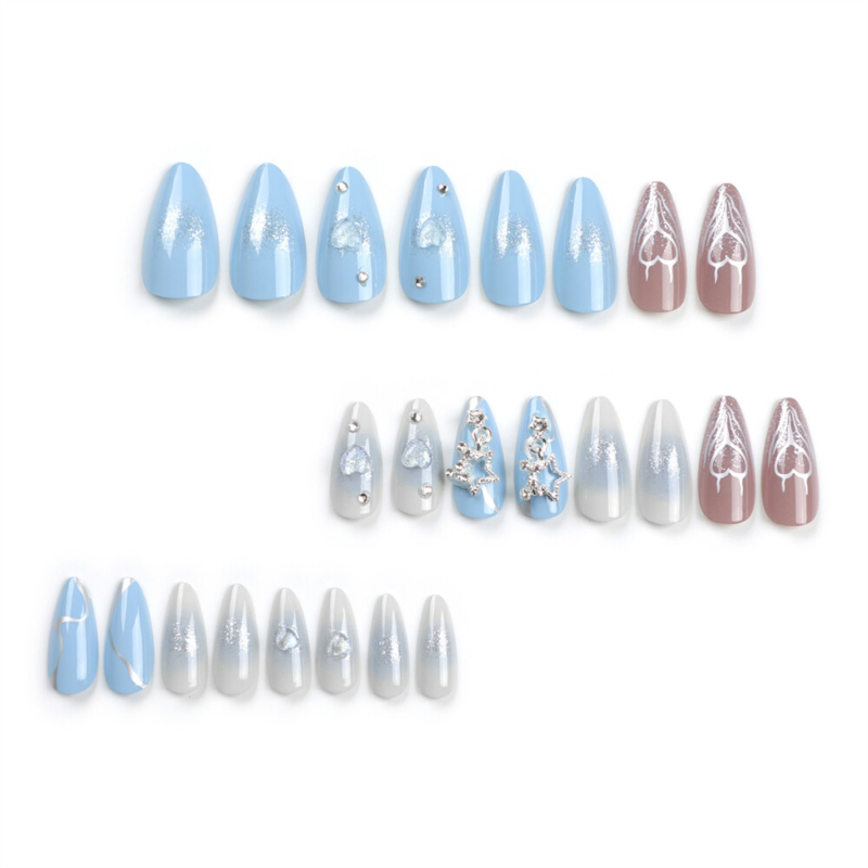 Blue False Nail with Heart Star Short Almond Press on Nails for Nail Art 24pcs