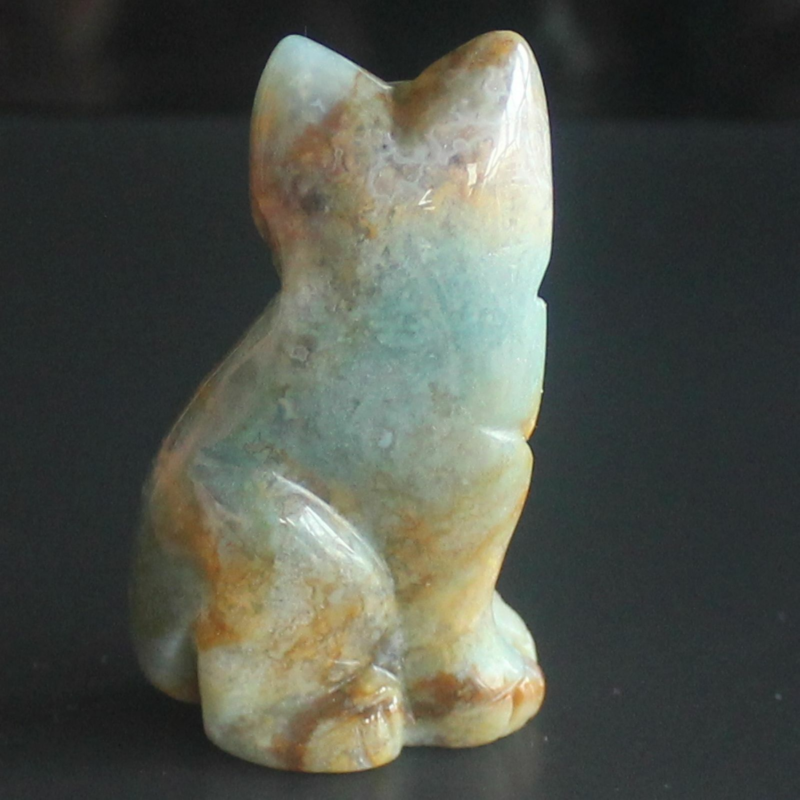 Carved mixed gemstone quartz crystal cat figurine animal carving home decor 2''