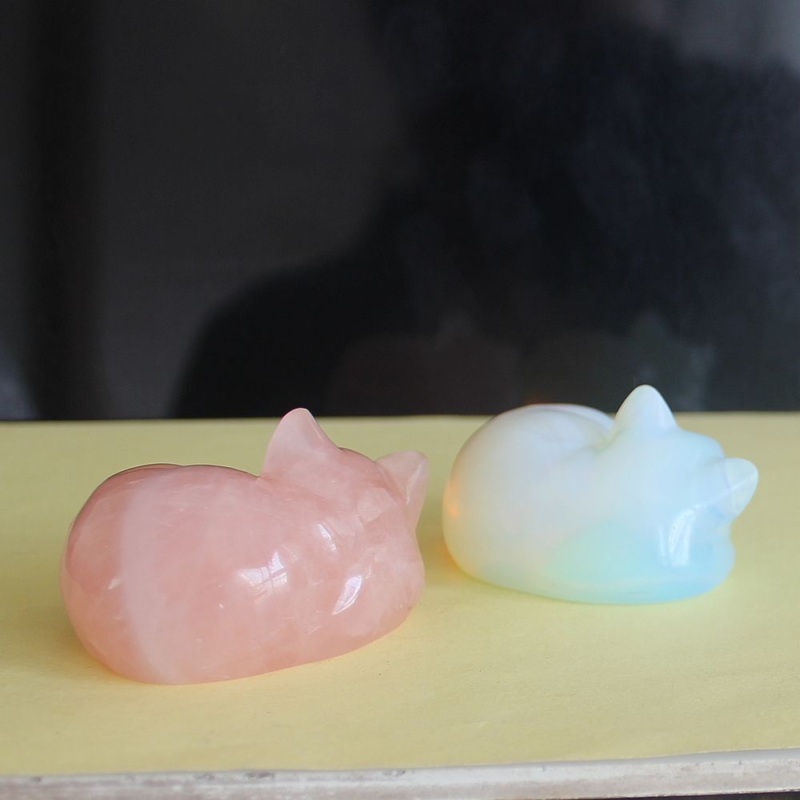 Carved crystal gemstone crystal sleeping cat figurine animal statue decor 2''