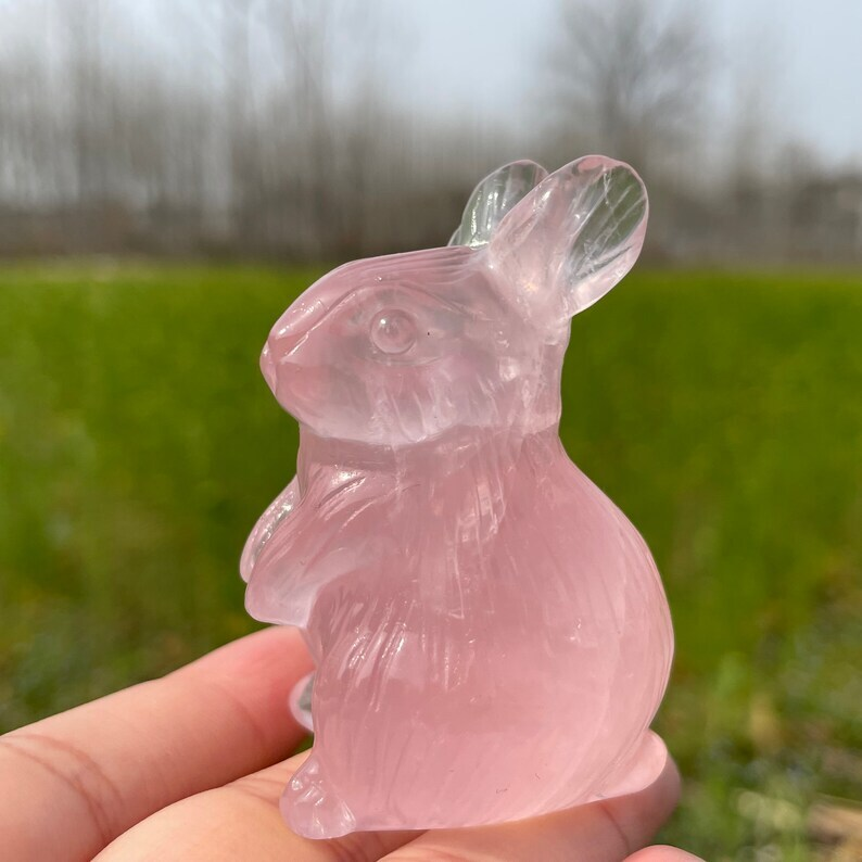 Natural Rose Quartz Rabbit Hand Carved Animal Decoration Reiki Heal Crystal Gift