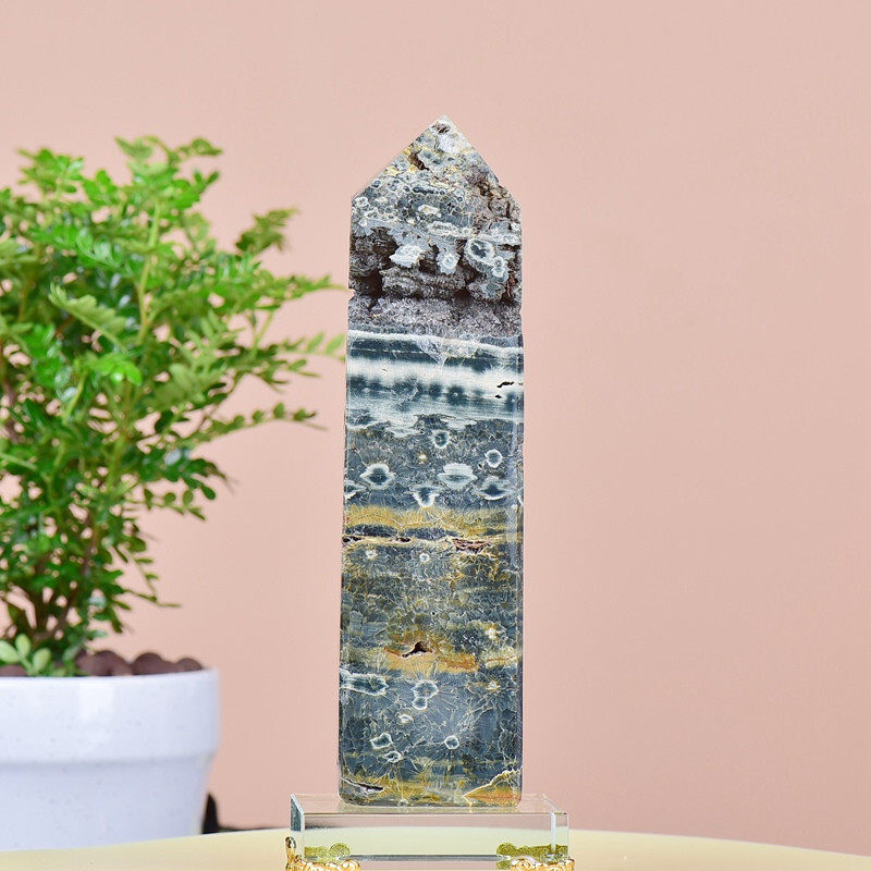 2.27LB  Natuar Ocean Jasper Crystal Obelisk Point Wand Stone Quartz Healing