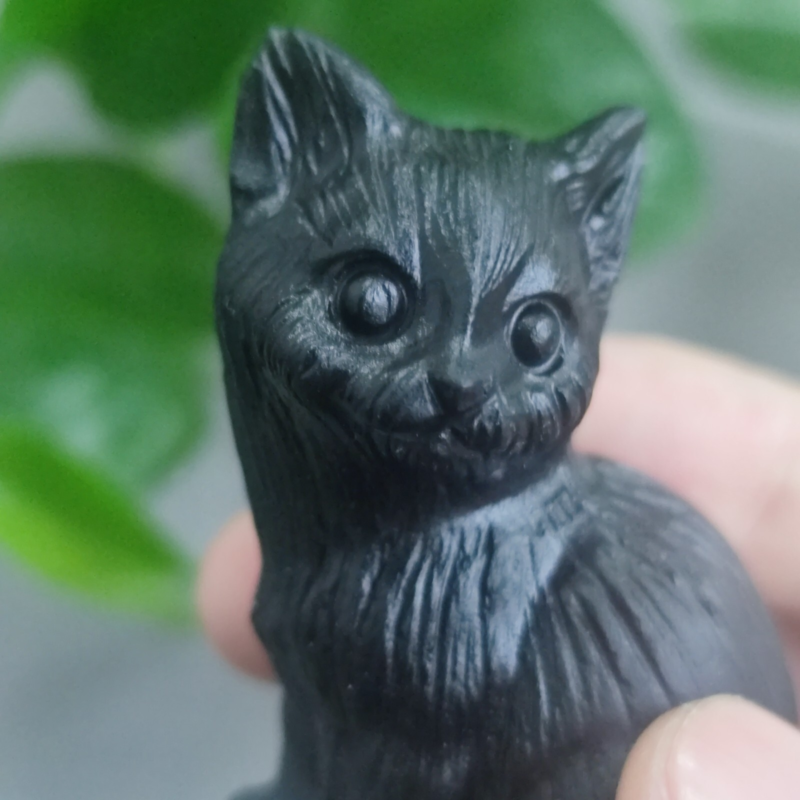 2.2'' Natural Crystal Cat Obsidian Hand Carving Animal Cat Figurine Sculpture