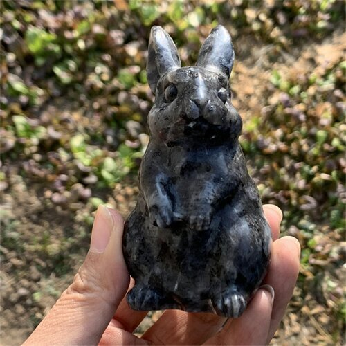 290g Natural Carved Spectrolite Rabbit Figurines Reiki Quartz Crystal Skull Deco