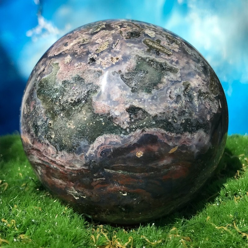 373GNatural Marine Jasper Quartz Ball Crystal Ball Mineral Specimen Restoration