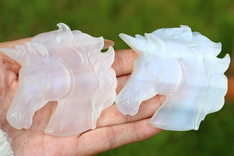 3.1" Hand Carved Natural Gypsum Unicorn Reiki Crystal Skull Decor Gift 1pc