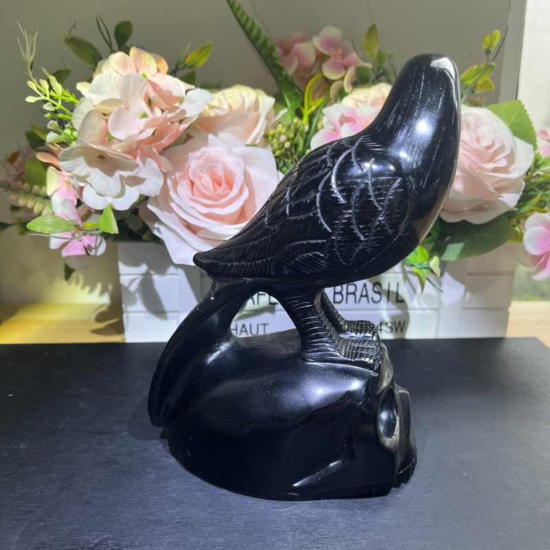 3.2LB 7" Natural Black Obsidian Crow Raven Skull Quartz Crystal Bird Carving