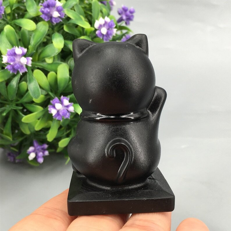 1pc Natural Obsidian Quartz Crystal Cat Hand Carved Animal Decoration Reiki Heal